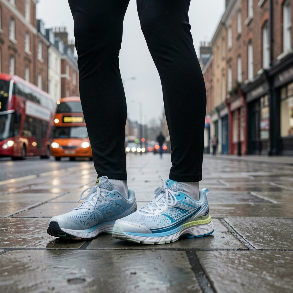 Running shoes on a London pavement, overcast light, early morning active lifestyle documentary shot